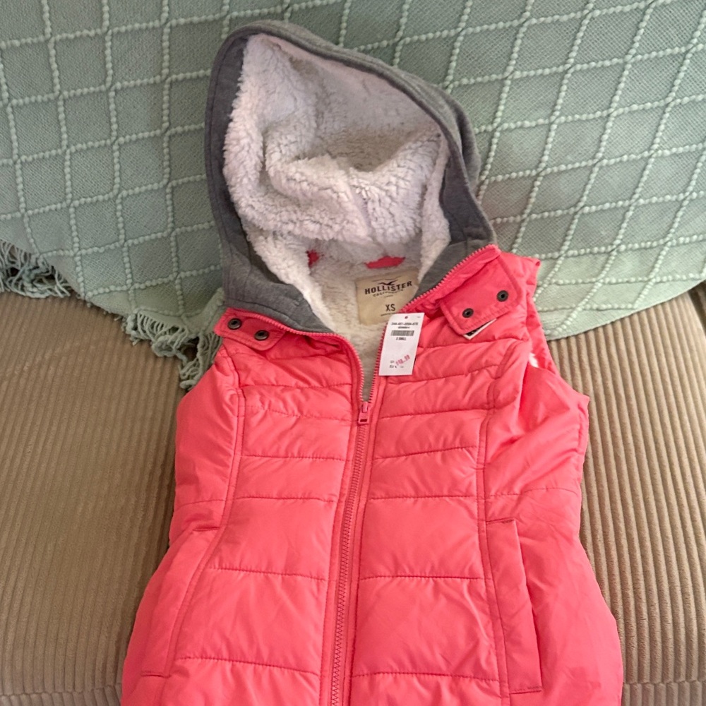 Hollister Coral Puffer Vest with Fleece Hood